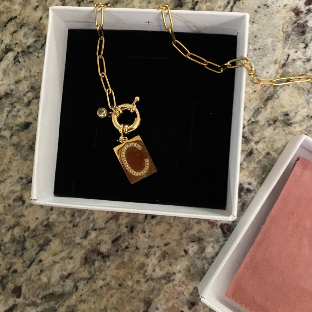 Monogram letter C Gold Pendant Paperclip Chain Necklace
